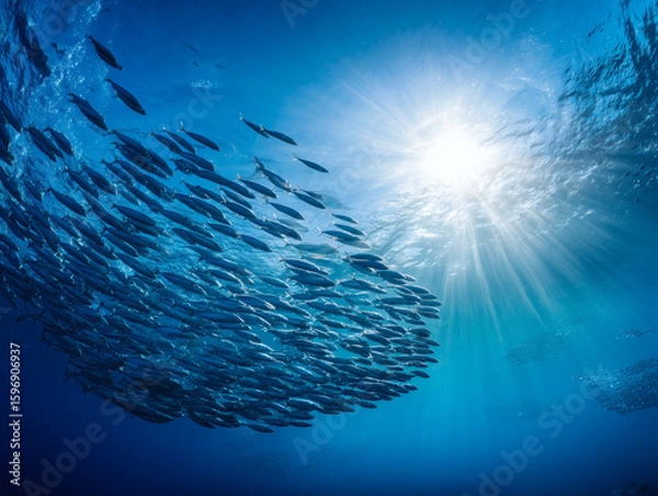 Fototapeta 光が差し込む海中を泳ぐ魚の大群の美しい風景