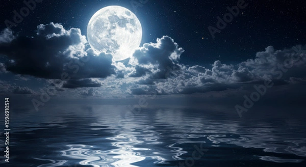 Fototapeta Luminous full moon shines brightly over calm water reflecting its glow