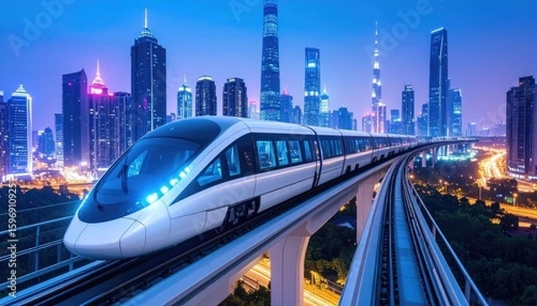 Obraz Futuristic Monorail Train Traveling Above A Neon Lit City Skyline At Night