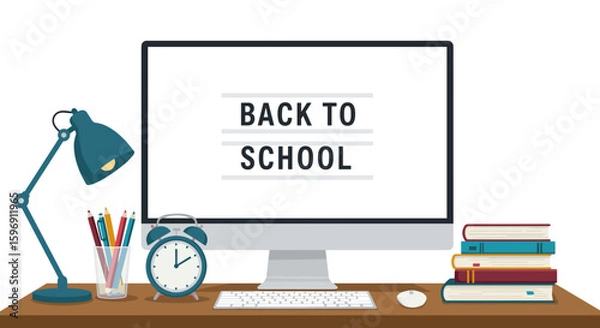 Obraz Back to school email header with computer, desk lamp, and books , white background, isolated, vector 