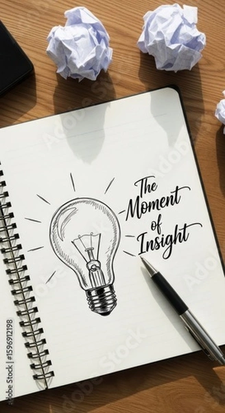 Obraz Sketch of a lightbulb with text The Moment of Insight on a notebook page with crumpled paper and a pen