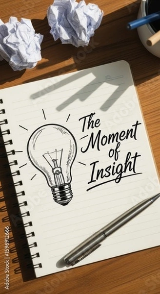 Obraz Sketch of a lightbulb and text The Moment of Insight on a notebook page idea