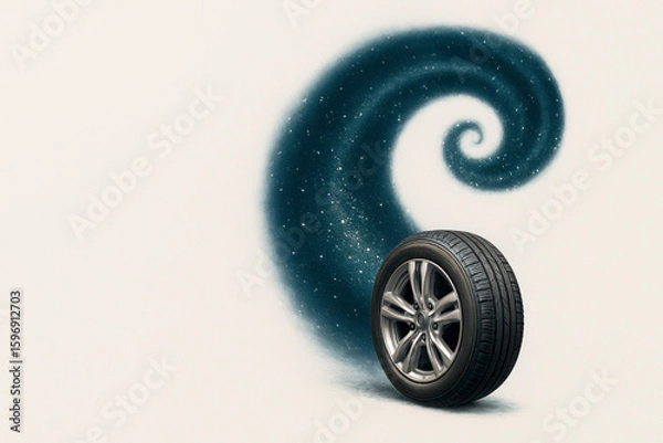 Fototapeta A car wheel with a cosmic footprint, a journey into the universe. Space for text.