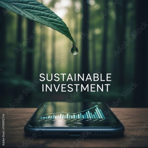 Obraz Smartphone displaying financial graph with water drop on leaf in forest background business finance