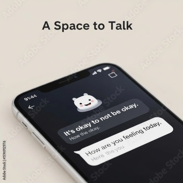 Obraz Smartphone screen displaying mental health chat with cute character and supportive messages mobile phone