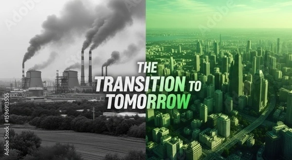 Obraz Split image showing industrial pollution transitioning to a green futuristic city factory smoke stacks