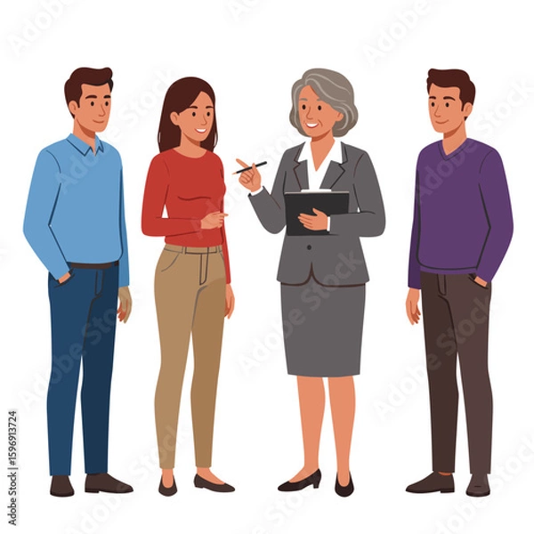 Obraz Elderly woman coaching employees in office with three young adults, white background, isolated, vector  