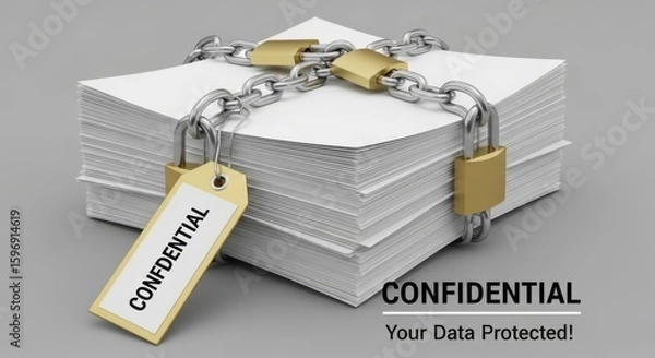 Obraz Stack of White Papers Secured with Metal Chain and Golden Padlocks with Confidential Tag data security