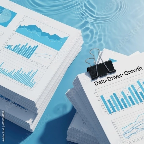 Obraz Stacks of Financial Reports with Blue Graphs and Water Ripple Background data analytics business