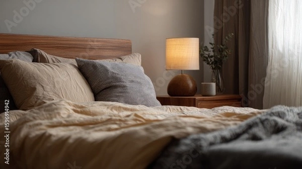 Fototapeta Cozy room featuring a bed with soft bedding, nightstand, and lamp. Focus on home textiles