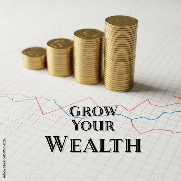 Obraz Stacks of gold coins ascend on a financial graph with text Grow Your Wealth stock market investment