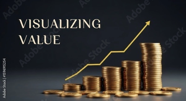 Obraz Stacks of gold coins with a rising yellow graph line and text Visualizing Value stacks of coins financial growth