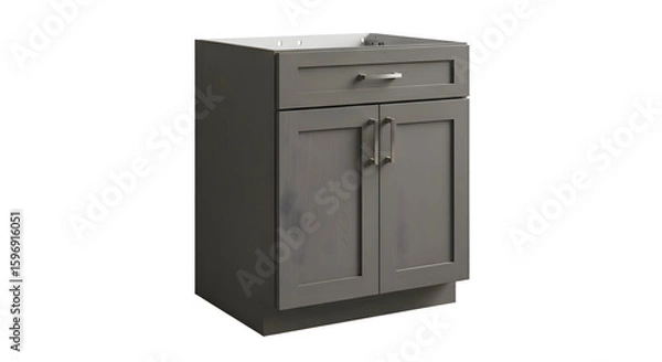 Obraz A gray bathroom vanity with two doors and a drawer against a white background in a studio setting