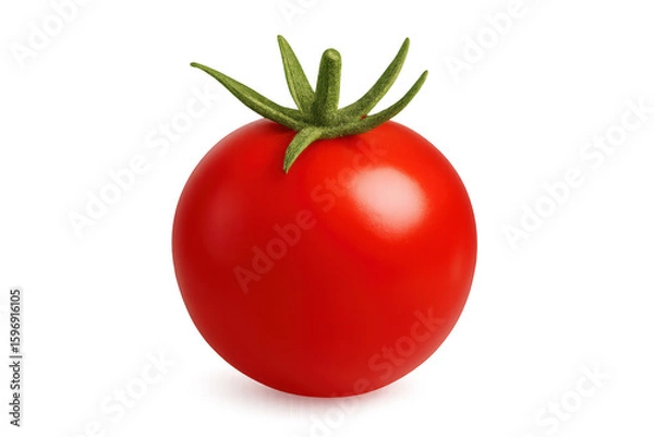 Fototapeta Ripe red tomato with green stem, isolated on transparent background, representing freshness and healthy eating