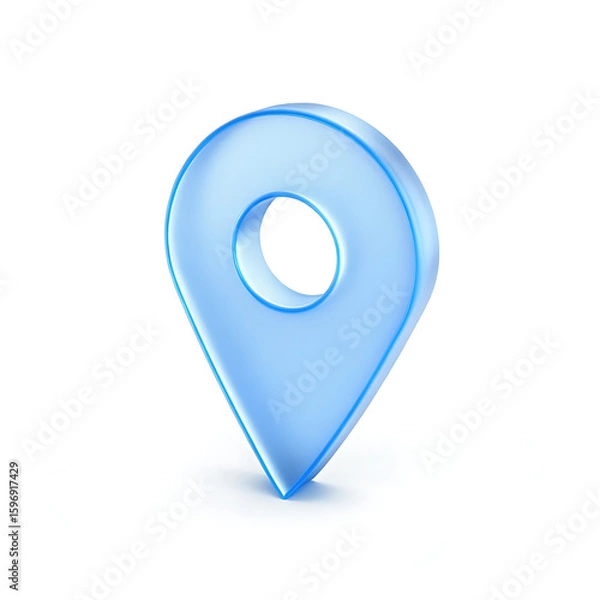 Fototapeta A light blue translucent map pin with a subtle shadow isolated on a plain white background in a studio shot created with generated ai