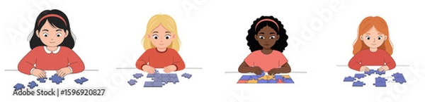 Obraz Child doing puzzle together with joy and focus, white background, isolated, vector, set  