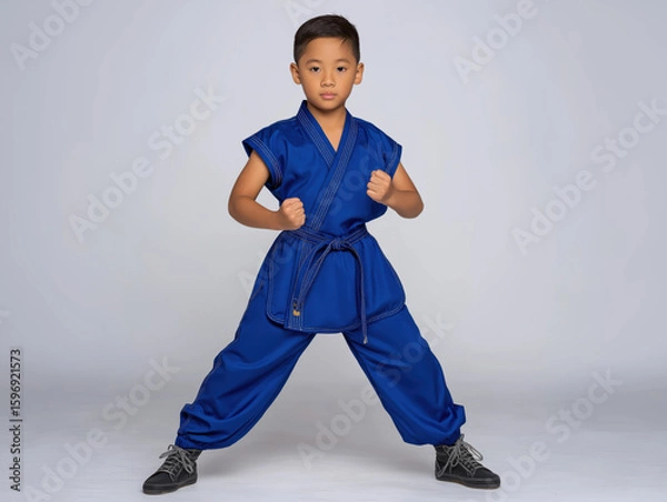 Obraz Young boy in blue martial arts uniform stands confidently in a strong pose, showcasing determination and focus, with a neutral background emphasizing his stance and attire