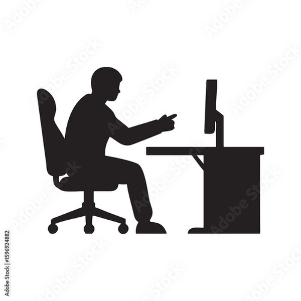 Fototapeta Silhouette of a businessman or person working on a laptop at a desk or table, perhaps a student typing, an illustration for office work