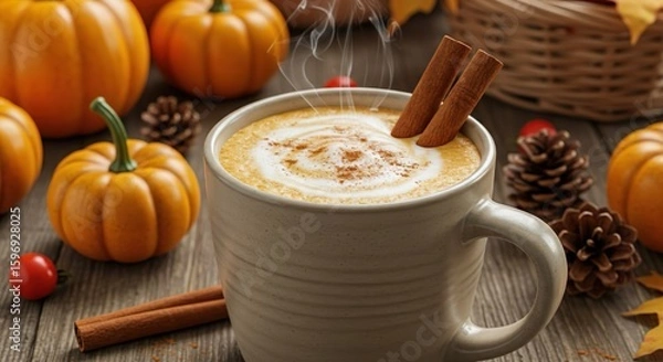Obraz Cozy autumn setting with a pumpkin spice latte in a rustic mug, surrounded by seasonal decorations like pine cones, acorns, and a plaid scarf, stock photography style.
