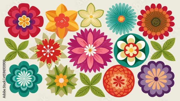 Fototapeta Artistic flower icons set features iconic floral shapes in a simple flat style. Each flower simple icon sits isolated on white background, ready for versatile use in vector-based designs.