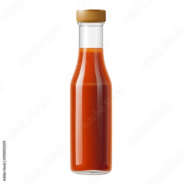 Fototapeta A glass bottle filled with ketchup sauce, sealed with a golden lid, isolated on a white background or transparent PNG.
