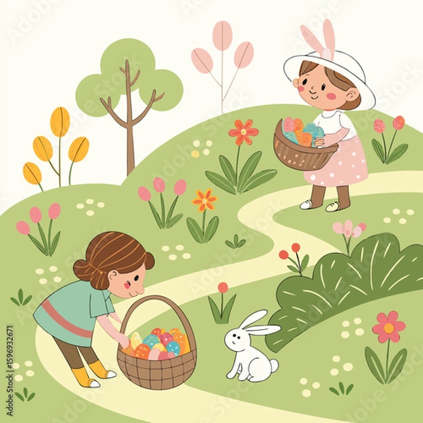 Fototapeta Two children are collecting easter eggs in baskets on a grassy hill with flowers and a bunny, celebrating the spring holiday
