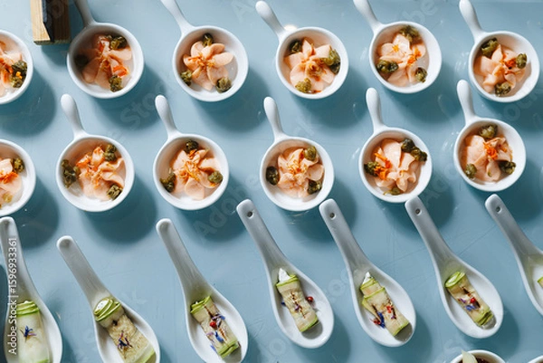 Obraz Gourmet Canapes on White Serving Spoons