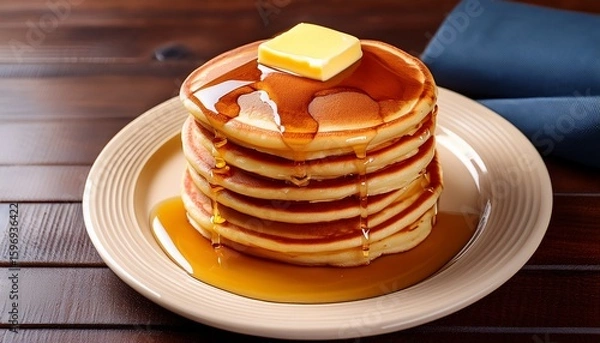 Fototapeta stack of pancakes drizzled with syrup topped with butter on plate