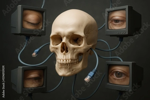 Fototapeta A skull connected to monitors displaying eyes, symbolizing the intersection of technology and human consciousness.