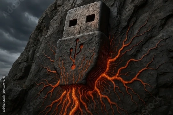 Fototapeta A usb symbol embedded in a lava-like rock, emitting glowing orange energy against a moody, stormy backdrop.