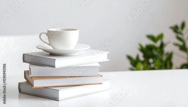 Fototapeta White books, cup, and saucer on white table