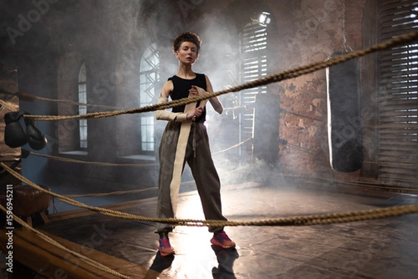 Fototapeta A woman in a boxing ring, wrapping an elastic bandage around her arms, preparing for boxing training. The photo is in a cinematic style, the light gives the mood to a sports motivational story about