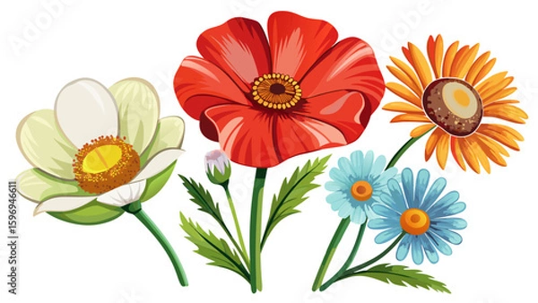 Fototapeta Vector flower icon set brings out classic botanical symbols. Simple flower icons, including poppy and daisy, are shown clearly isolated on white background, suitable for semi-realistic vector illustra