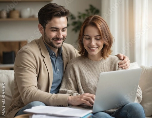 Fototapeta Young couple, new homeowners, manage finances using laptop. Smiling woman, man review documents for taxes banking at home. Wireless technology, online banking facilitate financial planning together.