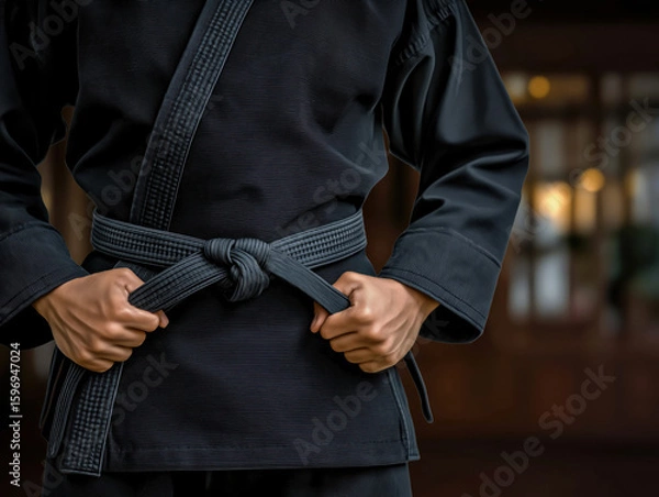 Obraz Martial artist in black uniform is adjusting his belt, showcasing focus and determination, with a blurred dojo background emphasizing discipline and training