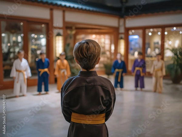 Obraz Young martial artist in black uniform with yellow belt stands facing a group of children in colorful uniforms, engaged in training session within a traditional dojo setting