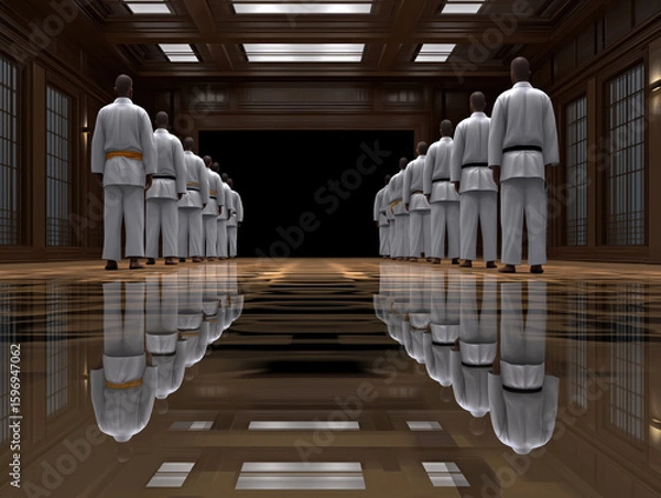 Obraz Group of martial artists in white uniforms standing in a traditional dojo, reflecting on polished wooden floor, preparing for training session in serene environment