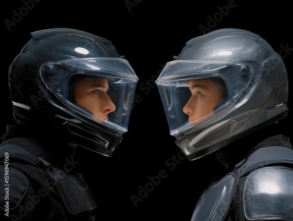 Fototapeta Two motorcyclists in protective helmets face each other, showcasing sleek designs and contrasting colors, emphasizing safety and style in motorcycle culture