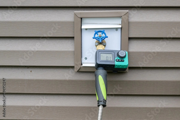 Obraz Convenient Automatic Outdoor Watering with Programmable Timer and Pipe Connection