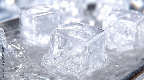 Fototapeta Crystal Clear Ice Cubes on a Cold Surface with Water Glimmering