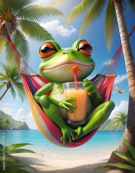Obraz Funny Frog Relaxing in Hammock with Smoothie on Tropical Beach