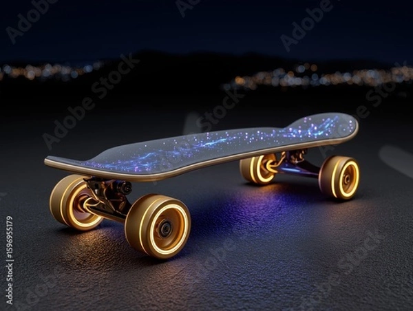 Obraz Futuristic skateboard with glowing wheels and a starry design, positioned on a dark surface, showcasing innovative technology and modern aesthetics in a nighttime setting