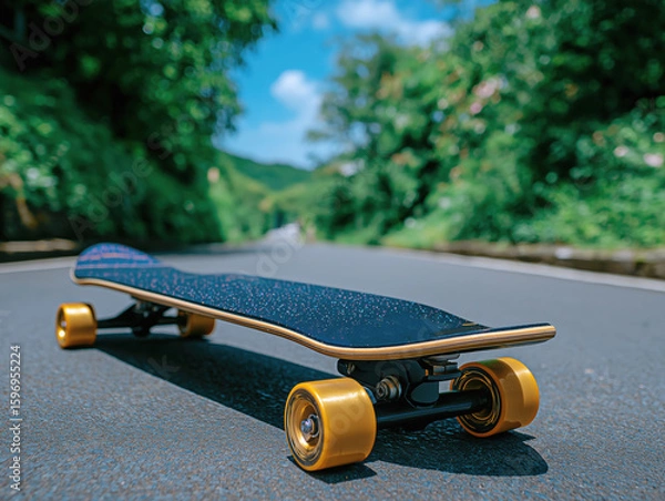 Obraz Skateboard with golden wheels resting on a smooth asphalt road surrounded by lush greenery, showcasing vibrant colors and a dynamic outdoor lifestyle concept