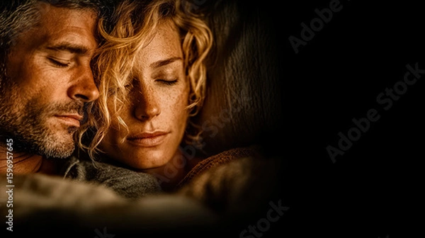Fototapeta Couple cuddling asleep in intimate moment with expression of peace and deep affection, Generated with AI