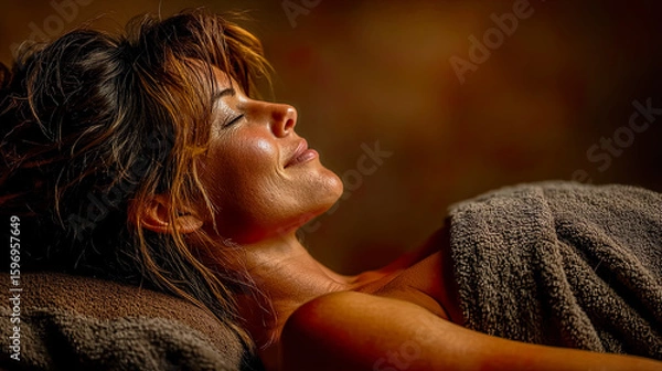 Fototapeta Portrait of woman lying in spa wrapped in towel with calm and satisfied expression, Generated with AI