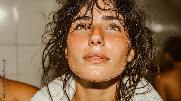 Fototapeta Woman with wet hair and white towel looking upward under soft light in locker room, Generated with AI