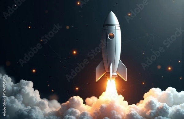 Fototapeta Rocket launching into space with bright flames and smoke, surrounded by stars and cosmic dust in a dark sky