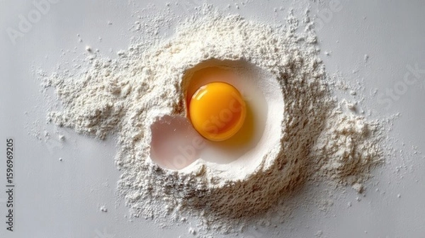 Fototapeta Creating magic ingredients dough recipe featuring egg yolk in flour circle on white surface