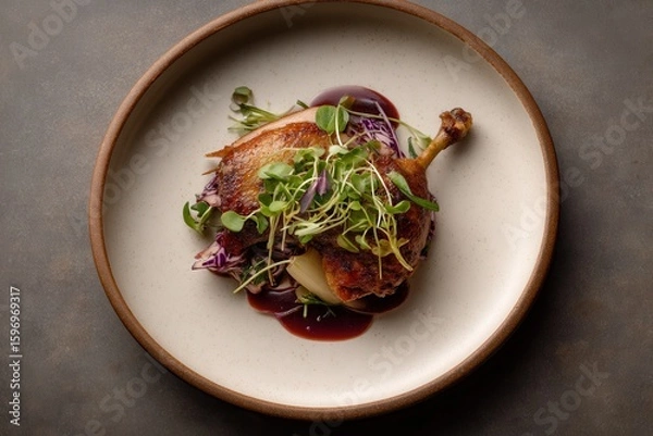 Fototapeta Duck leg confit, alexandre silva plating mastery, red wine gel symphony, microgreens, and pickled cabbage artistry