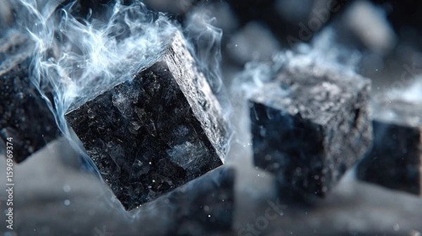 Fototapeta Mysterious floating dark cubes emitting electric energy and misty trails